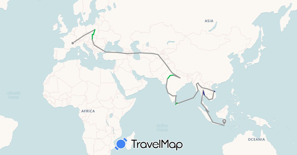 TravelMap itinerary: driving, bus, plane in Armenia, France, Hungary, Indonesia, India, Laos, Sri Lanka, Myanmar (Burma), Malaysia, Poland, Serbia, Singapore, Thailand, Turkey, Uzbekistan, Vietnam (Asia, Europe)